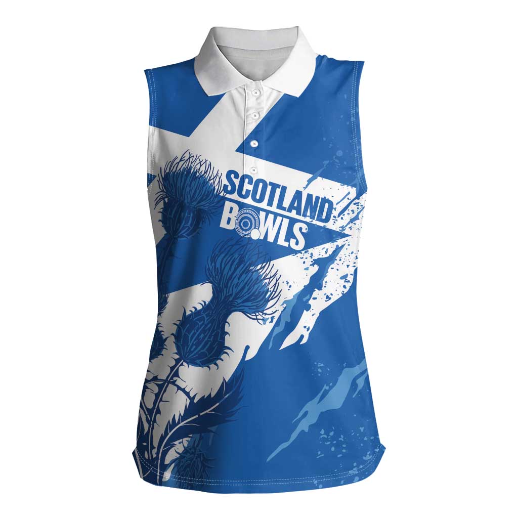 Personalised Scotland Lawn Bowls Women Sleeveless Polo Shirt Scottish Thistle Grunge Flag Style - Wonder Print Shop