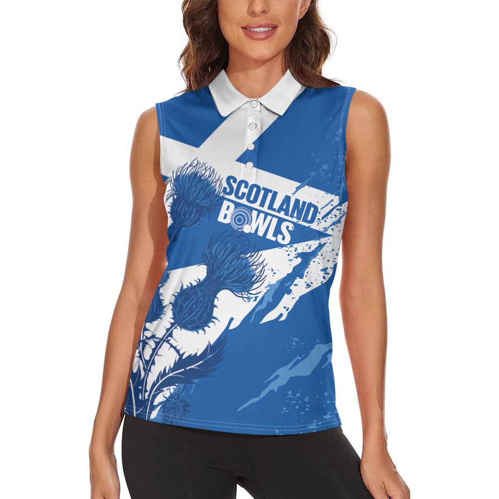 Personalised Scotland Lawn Bowls Women Sleeveless Polo Shirt Scottish Thistle Grunge Flag Style - Wonder Print Shop