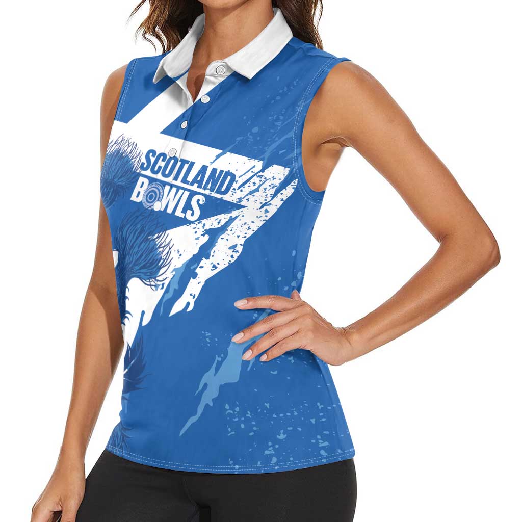 Personalised Scotland Lawn Bowls Women Sleeveless Polo Shirt Scottish Thistle Grunge Flag Style - Wonder Print Shop