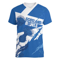 Personalised Scotland Lawn Bowls Women V-Neck T-Shirt Scottish Thistle Grunge Flag Style - Wonder Print Shop
