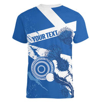 Personalised Scotland Lawn Bowls Women V-Neck T-Shirt Scottish Thistle Grunge Flag Style - Wonder Print Shop