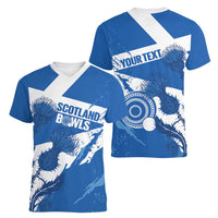 Personalised Scotland Lawn Bowls Women V-Neck T-Shirt Scottish Thistle Grunge Flag Style - Wonder Print Shop