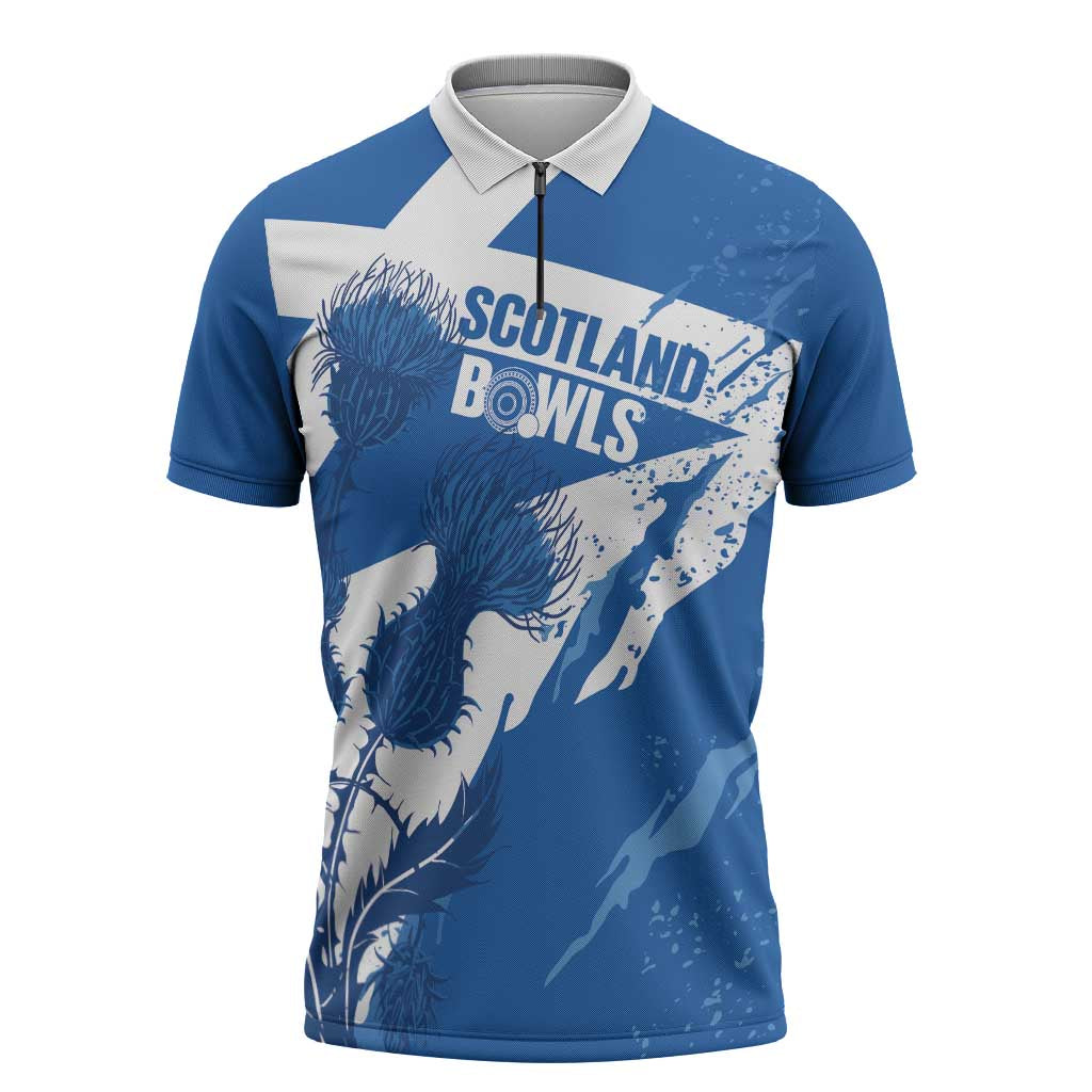 Personalised Scotland Lawn Bowls Zipper Polo Shirt Scottish Thistle Grunge Flag Style - Wonder Print Shop