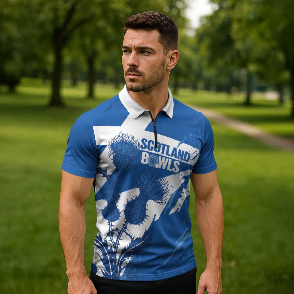 Personalised Scotland Lawn Bowls Zipper Polo Shirt Scottish Thistle Grunge Flag Style - Wonder Print Shop