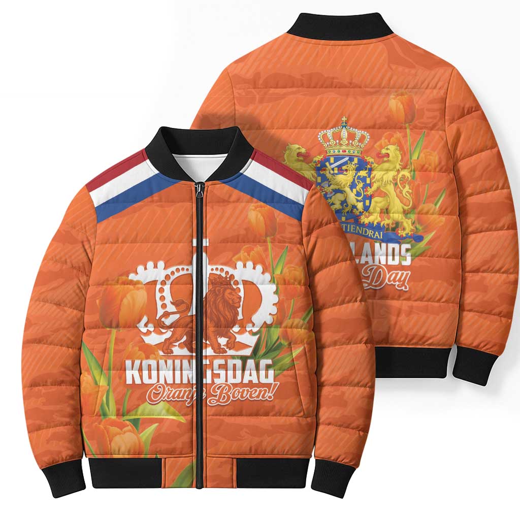 Koningsdag Netherlands King's Day Bomber Puffer Jacket Oranje Boven Holland Tulips
