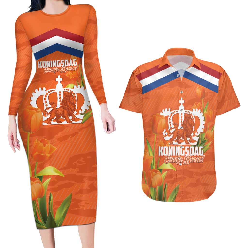 Koningsdag Netherlands King's Day Couples Matching Long Sleeve Bodycon Dress and Hawaiian Shirt Oranje Boven Holland Tulips