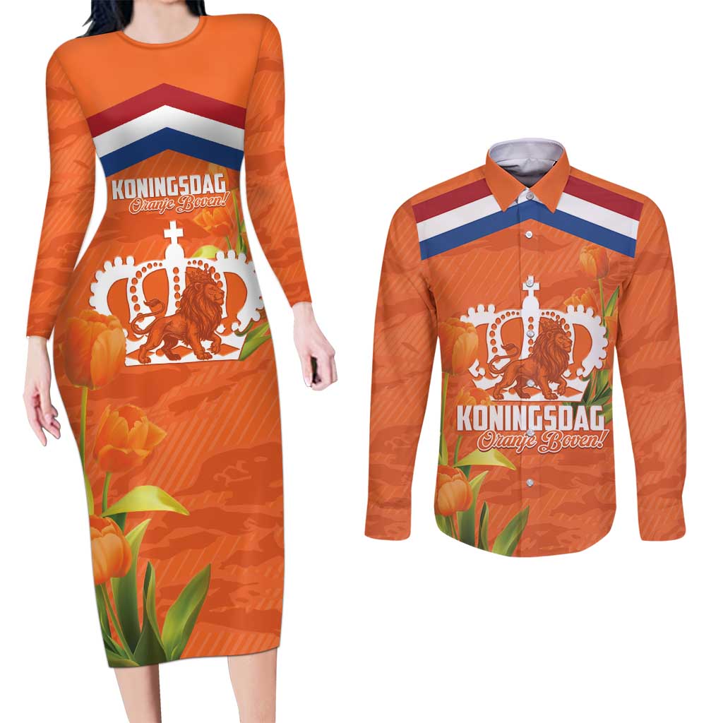 Koningsdag Netherlands King's Day Couples Matching Long Sleeve Bodycon Dress and Long Sleeve Button Shirt Oranje Boven Holland Tulips