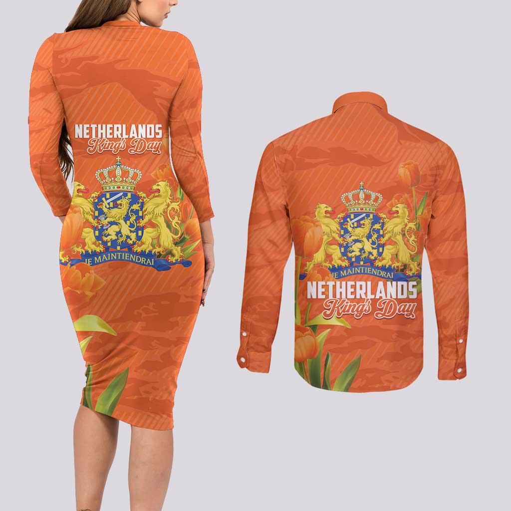 Koningsdag Netherlands King's Day Couples Matching Long Sleeve Bodycon Dress and Long Sleeve Button Shirt Oranje Boven Holland Tulips