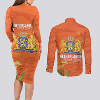 Koningsdag Netherlands King's Day Couples Matching Long Sleeve Bodycon Dress and Long Sleeve Button Shirt Oranje Boven Holland Tulips