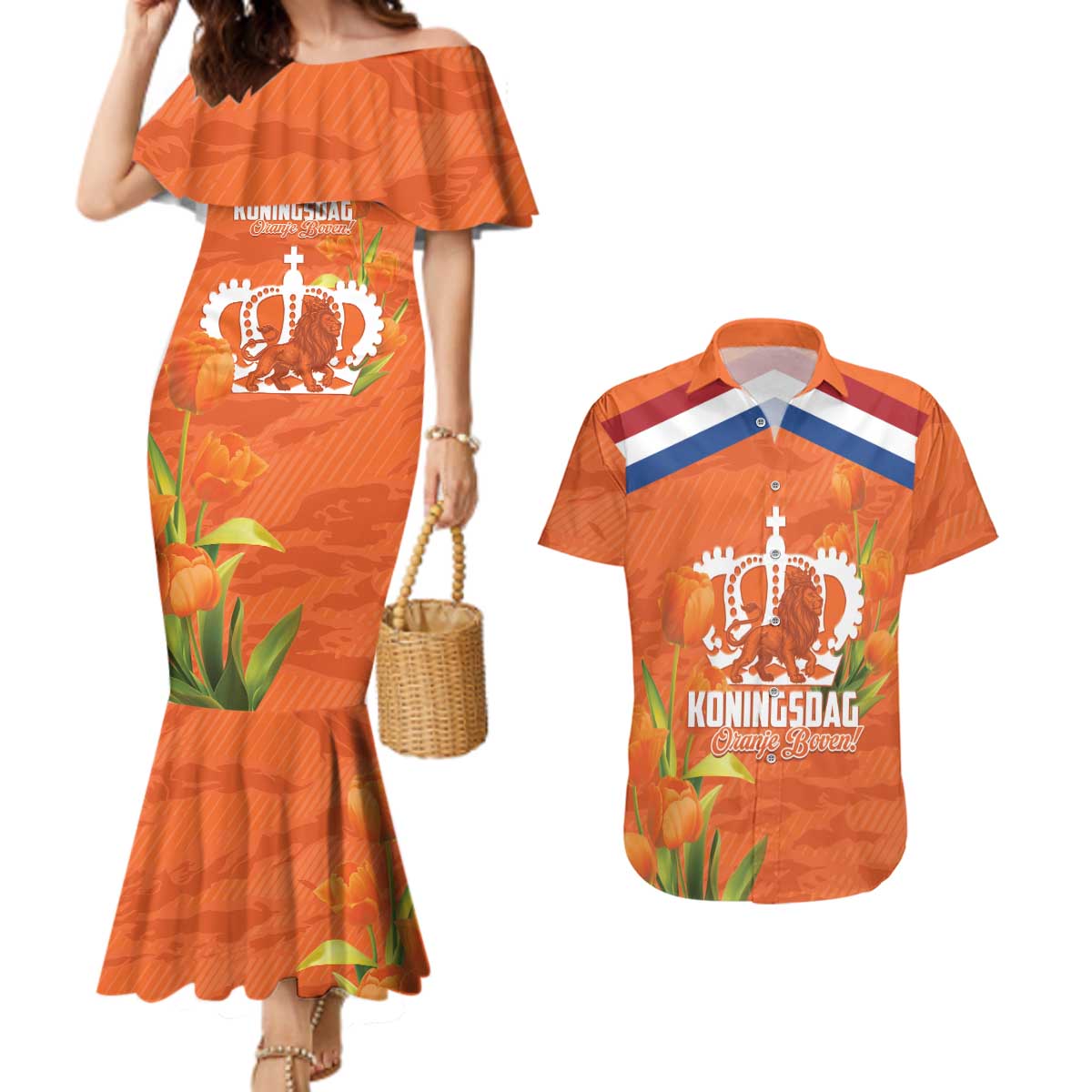 Koningsdag Netherlands King's Day Couples Matching Mermaid Dress and Hawaiian Shirt Oranje Boven Holland Tulips