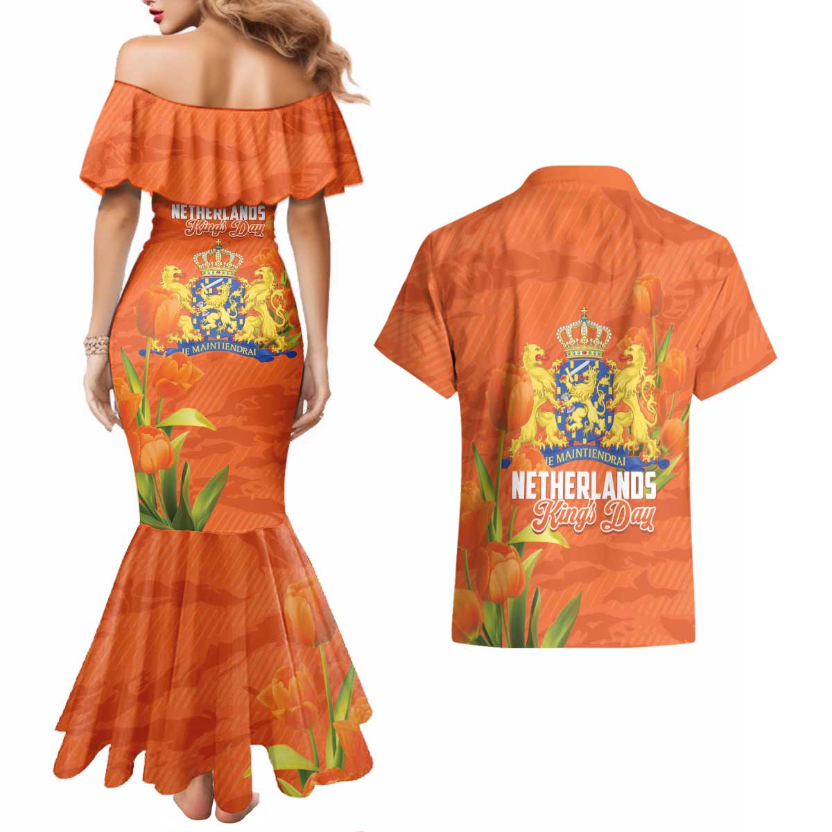 Koningsdag Netherlands King's Day Couples Matching Mermaid Dress and Hawaiian Shirt Oranje Boven Holland Tulips