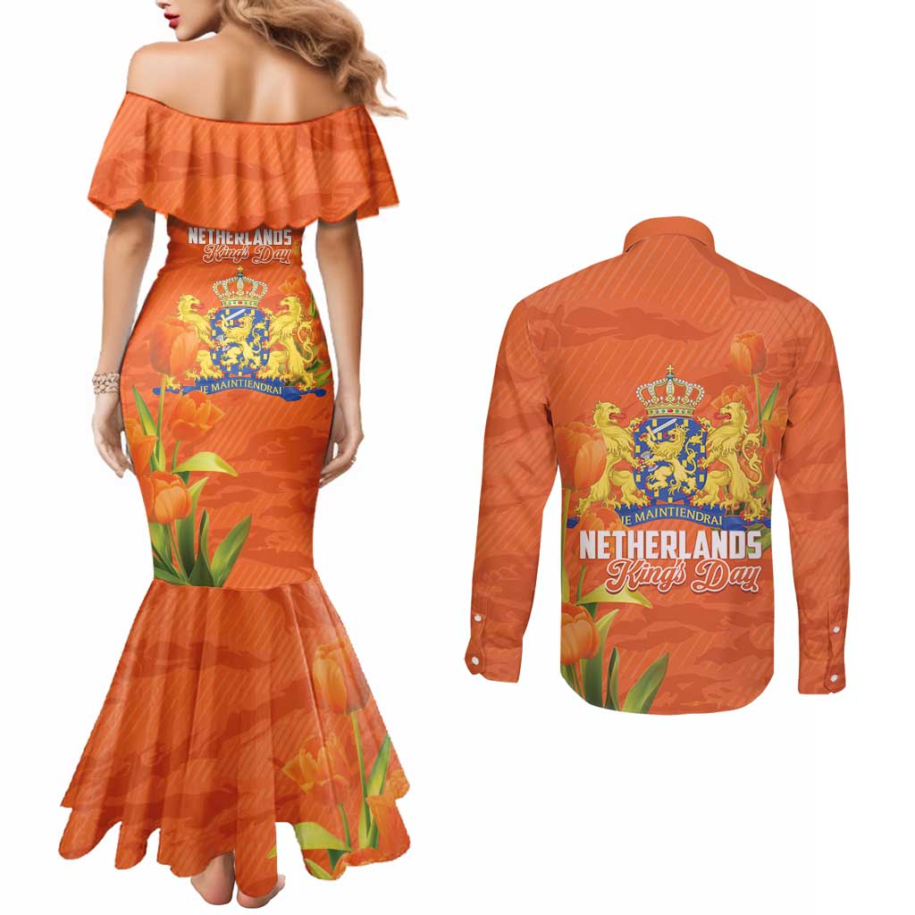 Koningsdag Netherlands King's Day Couples Matching Mermaid Dress and Long Sleeve Button Shirt Oranje Boven Holland Tulips