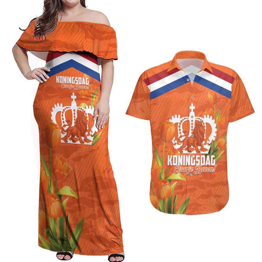 Koningsdag Netherlands King's Day Couples Matching Off Shoulder Maxi Dress and Hawaiian Shirt Oranje Boven Holland Tulips