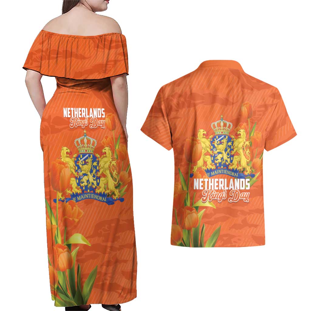 Koningsdag Netherlands King's Day Couples Matching Off Shoulder Maxi Dress and Hawaiian Shirt Oranje Boven Holland Tulips