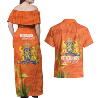 Koningsdag Netherlands King's Day Couples Matching Off Shoulder Maxi Dress and Hawaiian Shirt Oranje Boven Holland Tulips