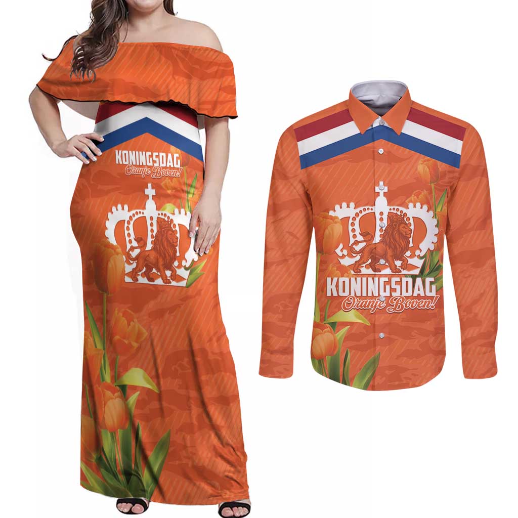 Koningsdag Netherlands King's Day Couples Matching Off Shoulder Maxi Dress and Long Sleeve Button Shirt Oranje Boven Holland Tulips