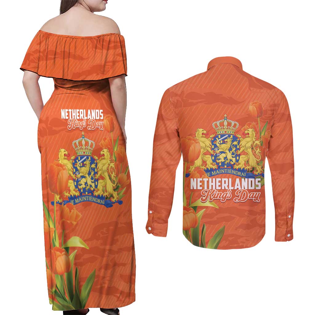 Koningsdag Netherlands King's Day Couples Matching Off Shoulder Maxi Dress and Long Sleeve Button Shirt Oranje Boven Holland Tulips