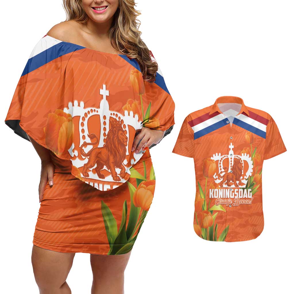Koningsdag Netherlands King's Day Couples Matching Off Shoulder Short Dress and Hawaiian Shirt Oranje Boven Holland Tulips