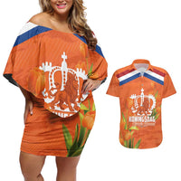 Koningsdag Netherlands King's Day Couples Matching Off Shoulder Short Dress and Hawaiian Shirt Oranje Boven Holland Tulips