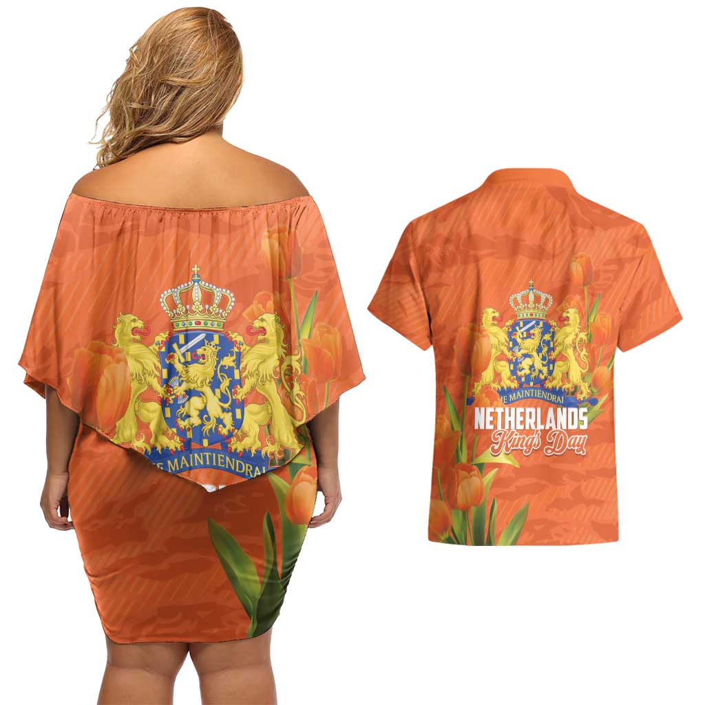 Koningsdag Netherlands King's Day Couples Matching Off Shoulder Short Dress and Hawaiian Shirt Oranje Boven Holland Tulips