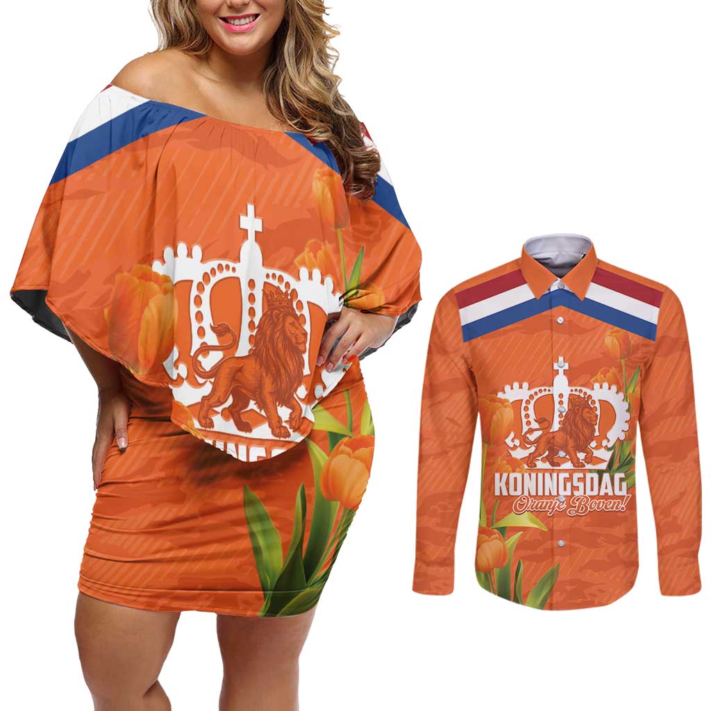 Koningsdag Netherlands King's Day Couples Matching Off Shoulder Short Dress and Long Sleeve Button Shirt Oranje Boven Holland Tulips