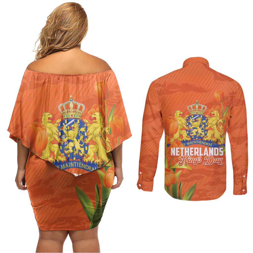 Koningsdag Netherlands King's Day Couples Matching Off Shoulder Short Dress and Long Sleeve Button Shirt Oranje Boven Holland Tulips