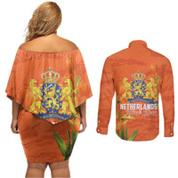 Koningsdag Netherlands King's Day Couples Matching Off Shoulder Short Dress and Long Sleeve Button Shirt Oranje Boven Holland Tulips