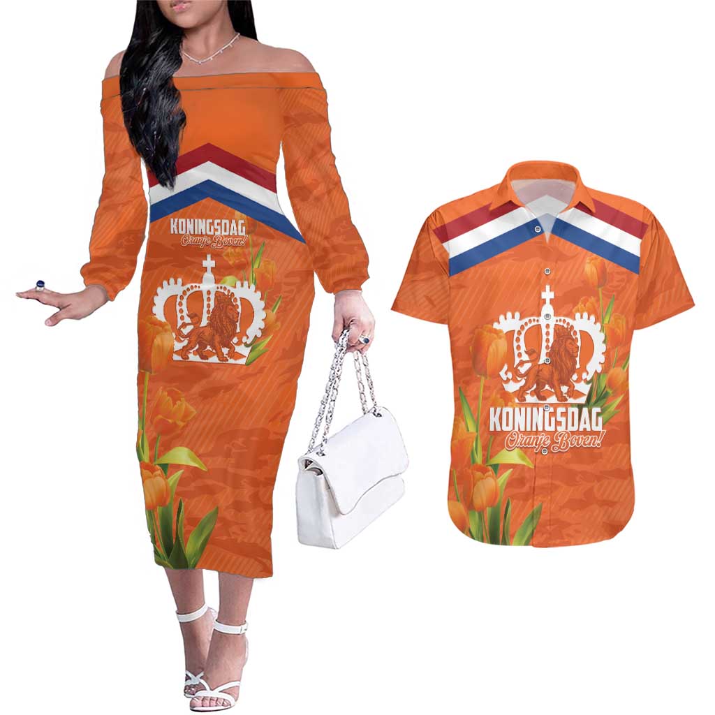 Koningsdag Netherlands King's Day Couples Matching Off The Shoulder Long Sleeve Dress and Hawaiian Shirt Oranje Boven Holland Tulips