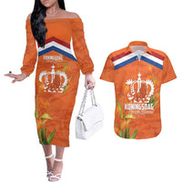 Koningsdag Netherlands King's Day Couples Matching Off The Shoulder Long Sleeve Dress and Hawaiian Shirt Oranje Boven Holland Tulips