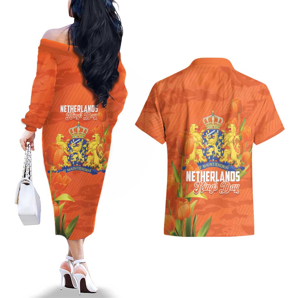 Koningsdag Netherlands King's Day Couples Matching Off The Shoulder Long Sleeve Dress and Hawaiian Shirt Oranje Boven Holland Tulips