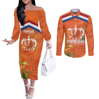 Koningsdag Netherlands King's Day Couples Matching Off The Shoulder Long Sleeve Dress and Long Sleeve Button Shirt Oranje Boven Holland Tulips