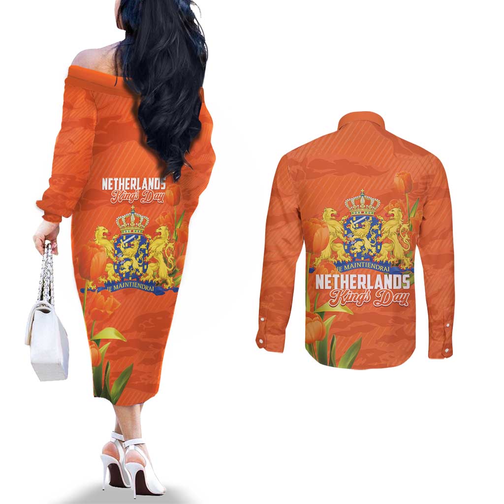 Koningsdag Netherlands King's Day Couples Matching Off The Shoulder Long Sleeve Dress and Long Sleeve Button Shirt Oranje Boven Holland Tulips