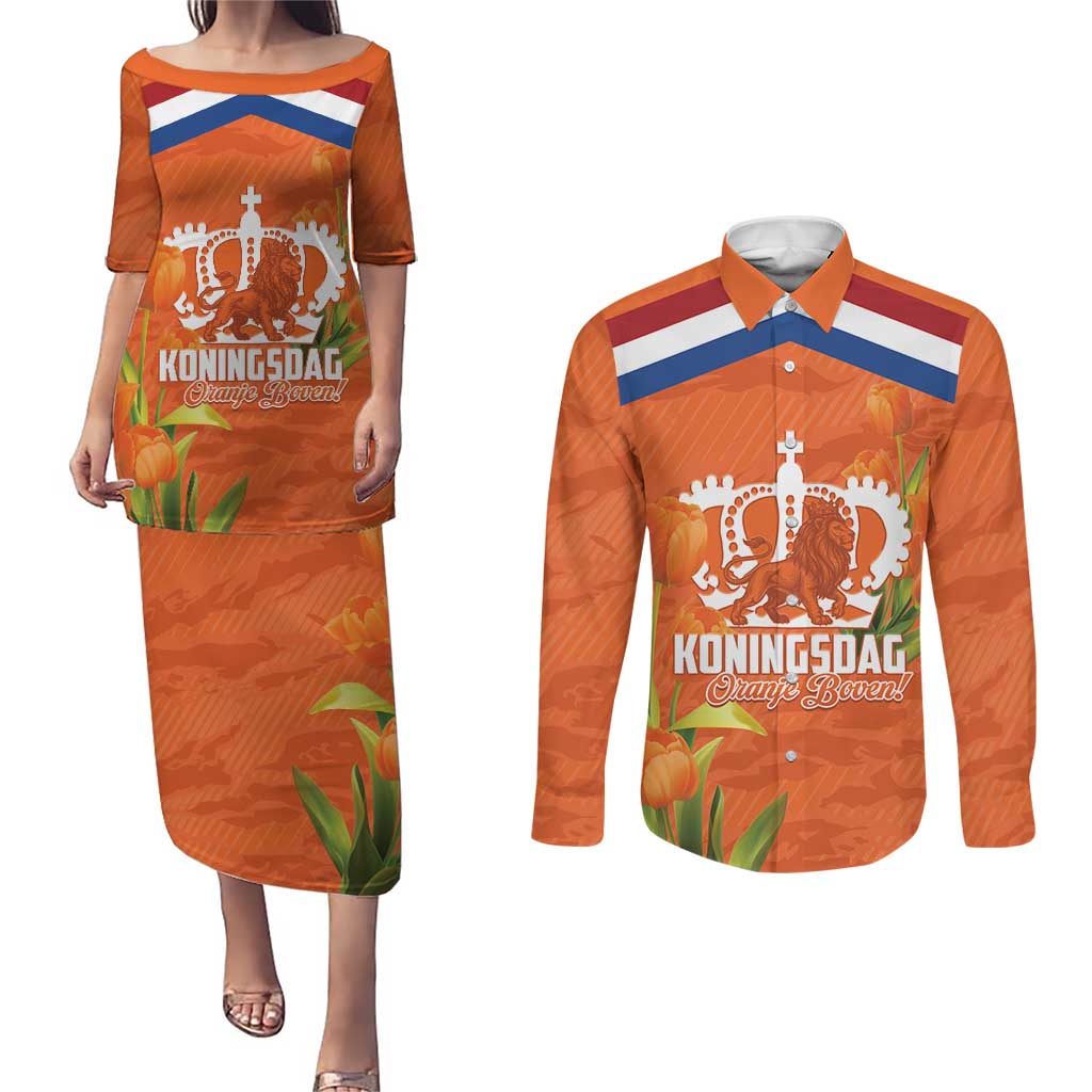 Koningsdag Netherlands King's Day Couples Matching Puletasi and Long Sleeve Button Shirt Oranje Boven Holland Tulips