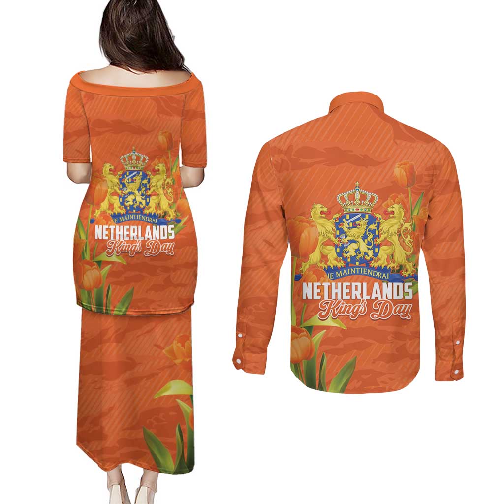 Koningsdag Netherlands King's Day Couples Matching Puletasi and Long Sleeve Button Shirt Oranje Boven Holland Tulips