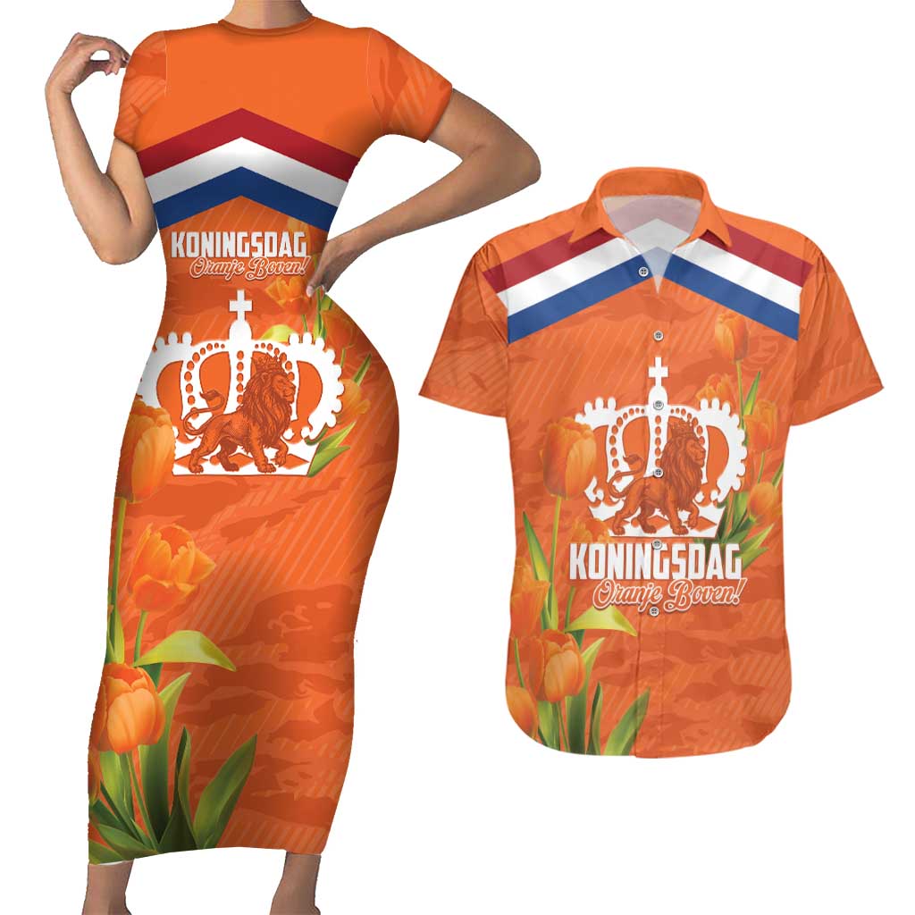 Koningsdag Netherlands King's Day Couples Matching Short Sleeve Bodycon Dress and Hawaiian Shirt Oranje Boven Holland Tulips