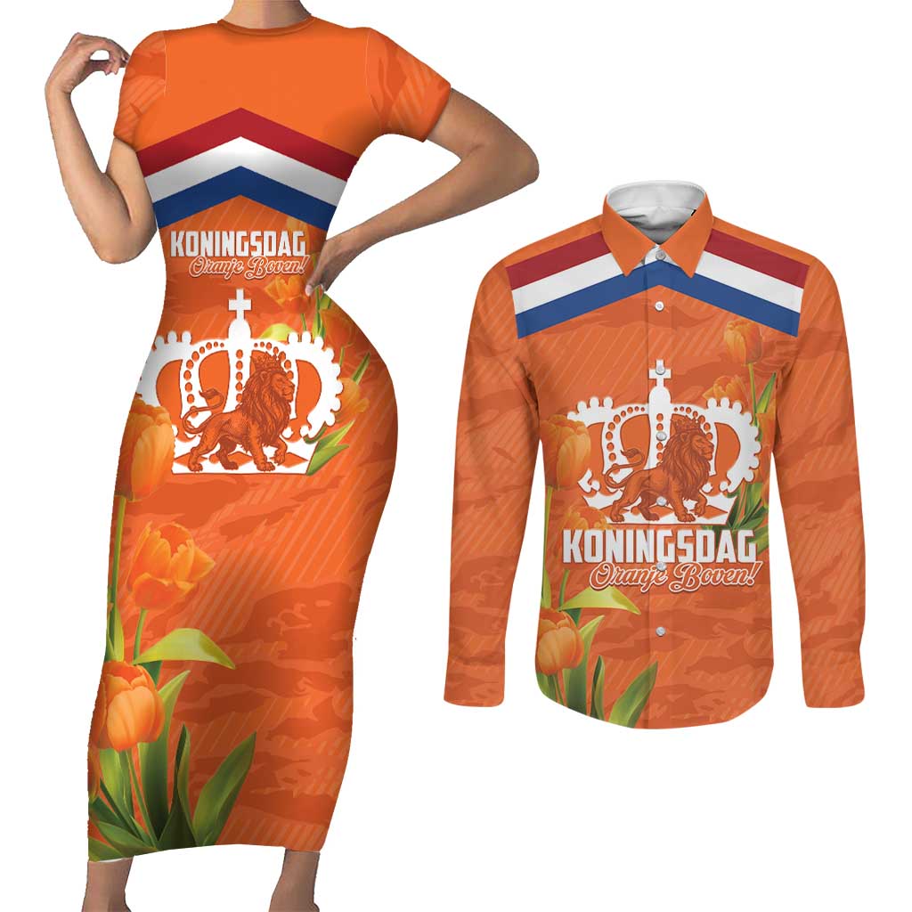 Koningsdag Netherlands King's Day Couples Matching Short Sleeve Bodycon Dress and Long Sleeve Button Shirt Oranje Boven Holland Tulips