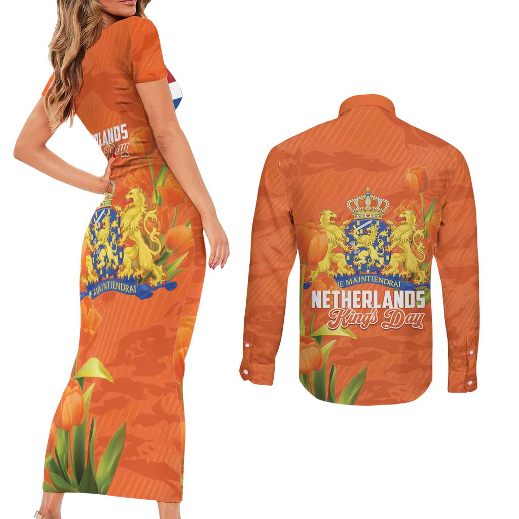 Koningsdag Netherlands King's Day Couples Matching Short Sleeve Bodycon Dress and Long Sleeve Button Shirt Oranje Boven Holland Tulips