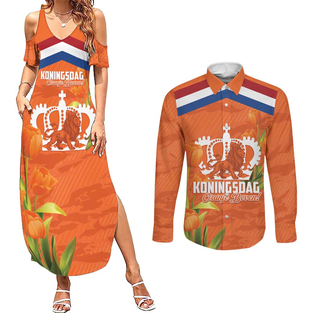 Koningsdag Netherlands King's Day Couples Matching Summer Maxi Dress and Long Sleeve Button Shirt Oranje Boven Holland Tulips