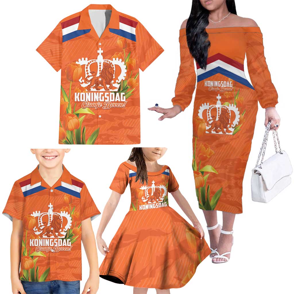 Koningsdag Netherlands King's Day Family Matching Off The Shoulder Long Sleeve Dress and Hawaiian Shirt Oranje Boven Holland Tulips