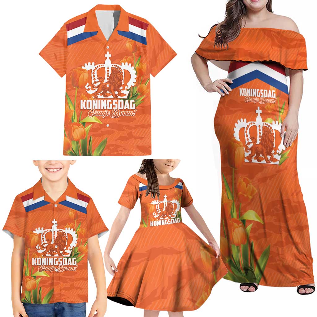 Koningsdag Netherlands King's Day Family Matching Off Shoulder Maxi Dress and Hawaiian Shirt Oranje Boven Holland Tulips