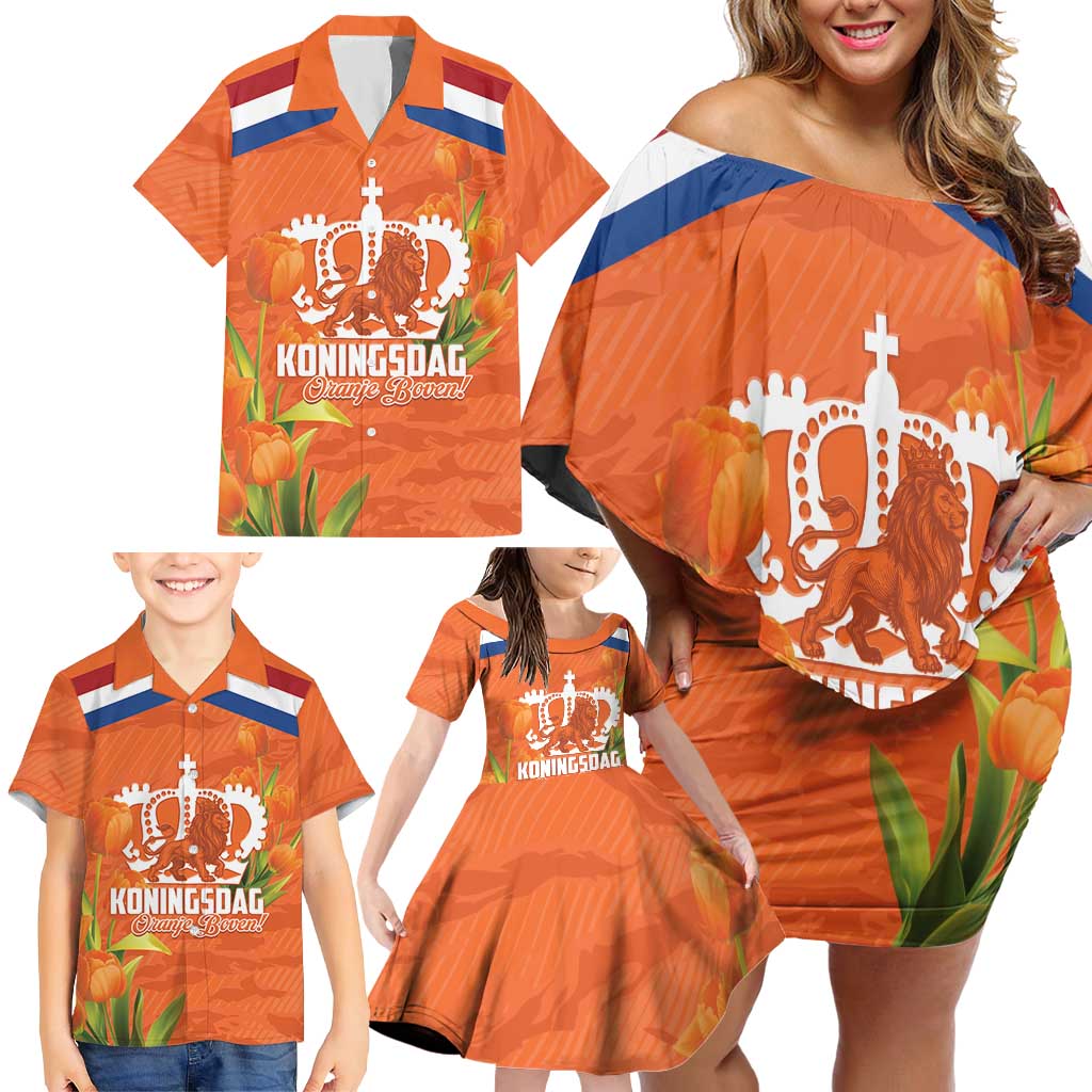 Koningsdag Netherlands King's Day Family Matching Off Shoulder Short Dress and Hawaiian Shirt Oranje Boven Holland Tulips