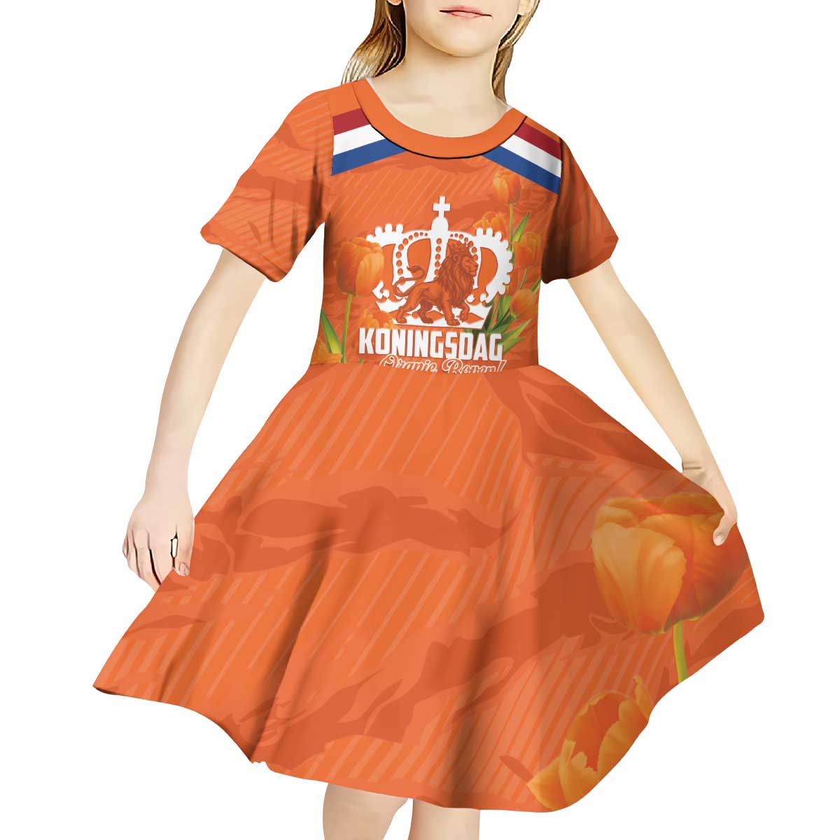 Koningsdag Netherlands King's Day Kid Short Sleeve Dress Oranje Boven Holland Tulips