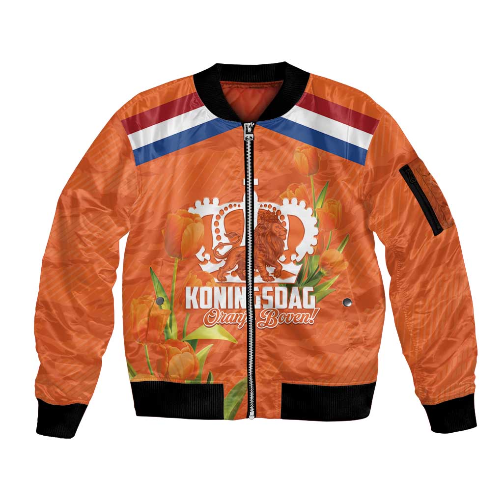 Koningsdag Netherlands King's Day Sleeve Zip Bomber Jacket Oranje Boven Holland Tulips