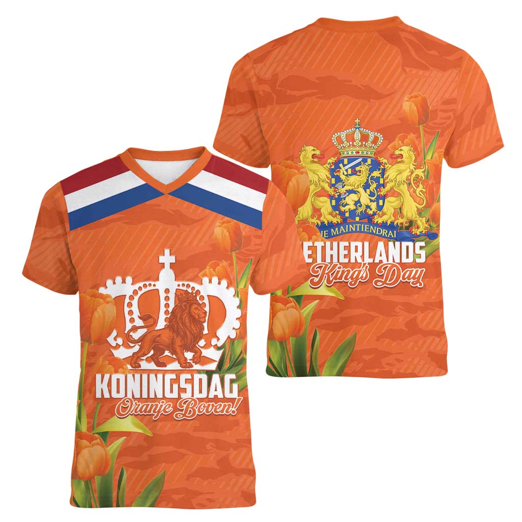 Koningsdag Netherlands King's Day Women V-Neck T-Shirt Oranje Boven Holland Tulips