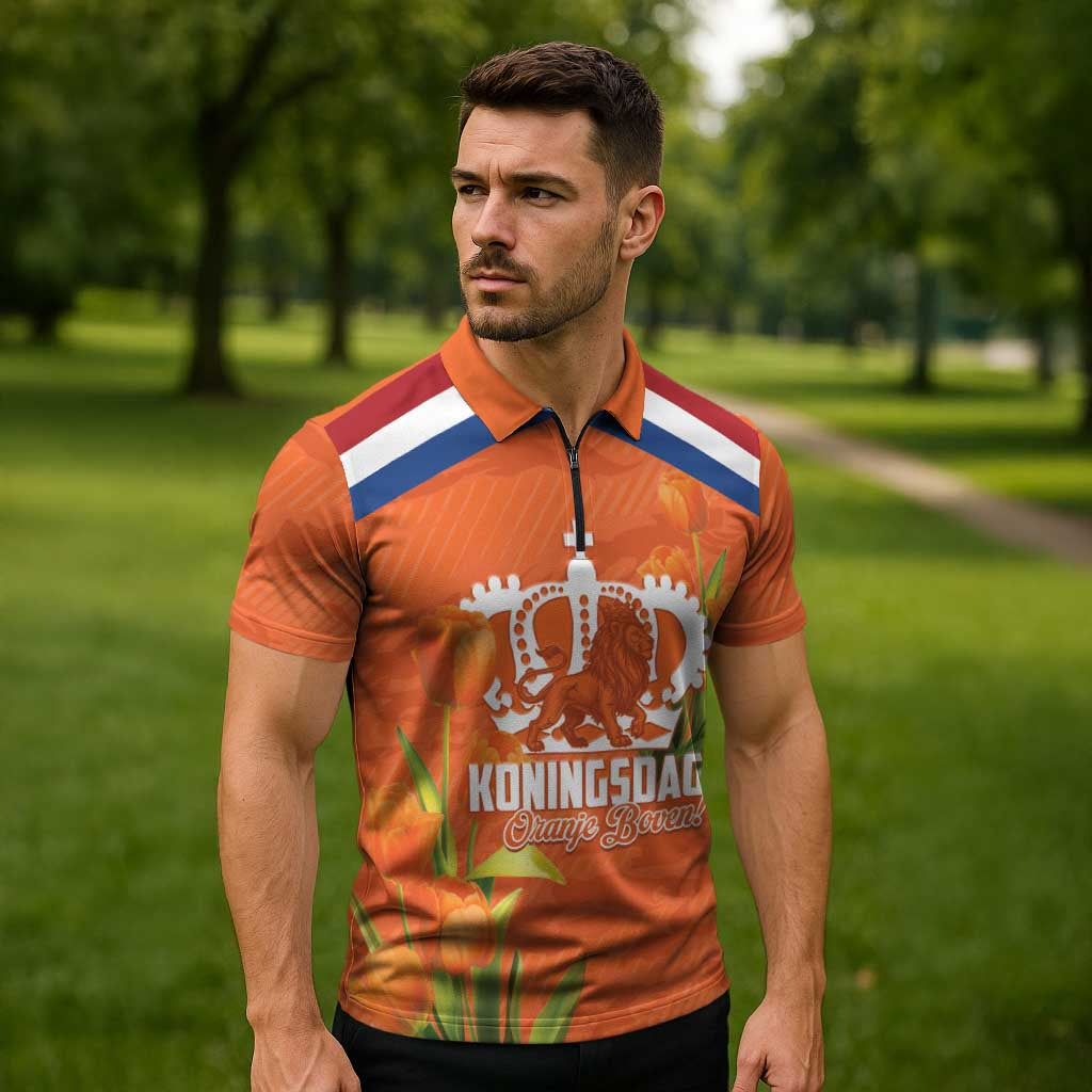 Koningsdag Netherlands King's Day Zipper Polo Shirt Oranje Boven Holland Tulips