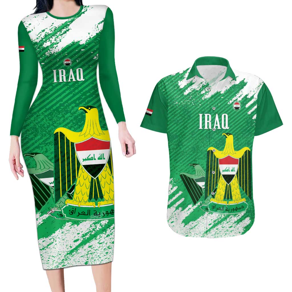 Iraq Football Custom Couples Matching Long Sleeve Bodycon Dress and Hawaiian Shirt Come On Lions of Mesopotamia