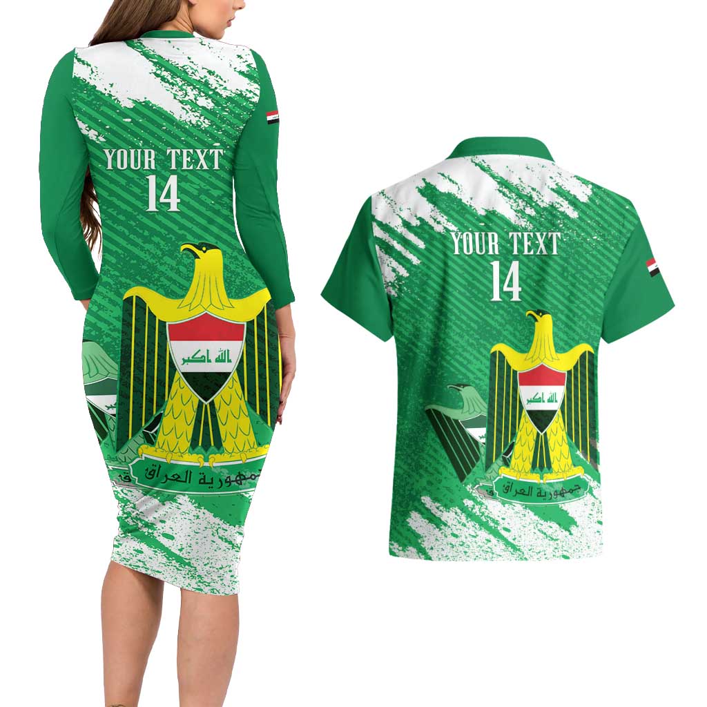 Iraq Football Custom Couples Matching Long Sleeve Bodycon Dress and Hawaiian Shirt Come On Lions of Mesopotamia