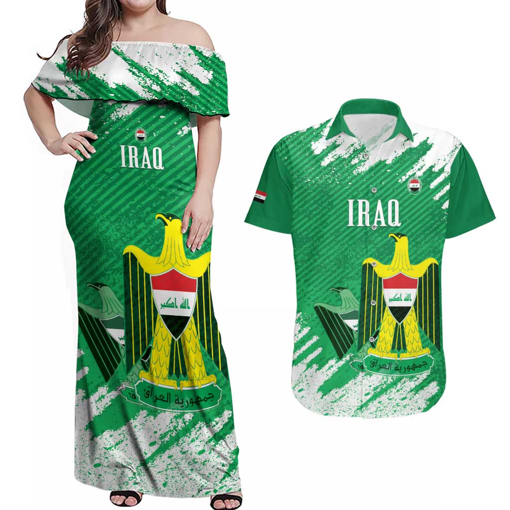 Iraq Football Custom Couples Matching Off Shoulder Maxi Dress and Hawaiian Shirt Come On Lions of Mesopotamia