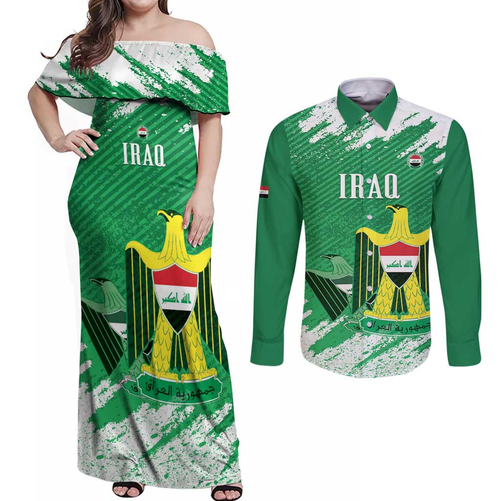 Iraq Football Custom Couples Matching Off Shoulder Maxi Dress and Long Sleeve Button Shirt Come On Lions of Mesopotamia