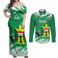 Iraq Football Custom Couples Matching Off Shoulder Maxi Dress and Long Sleeve Button Shirt Come On Lions of Mesopotamia
